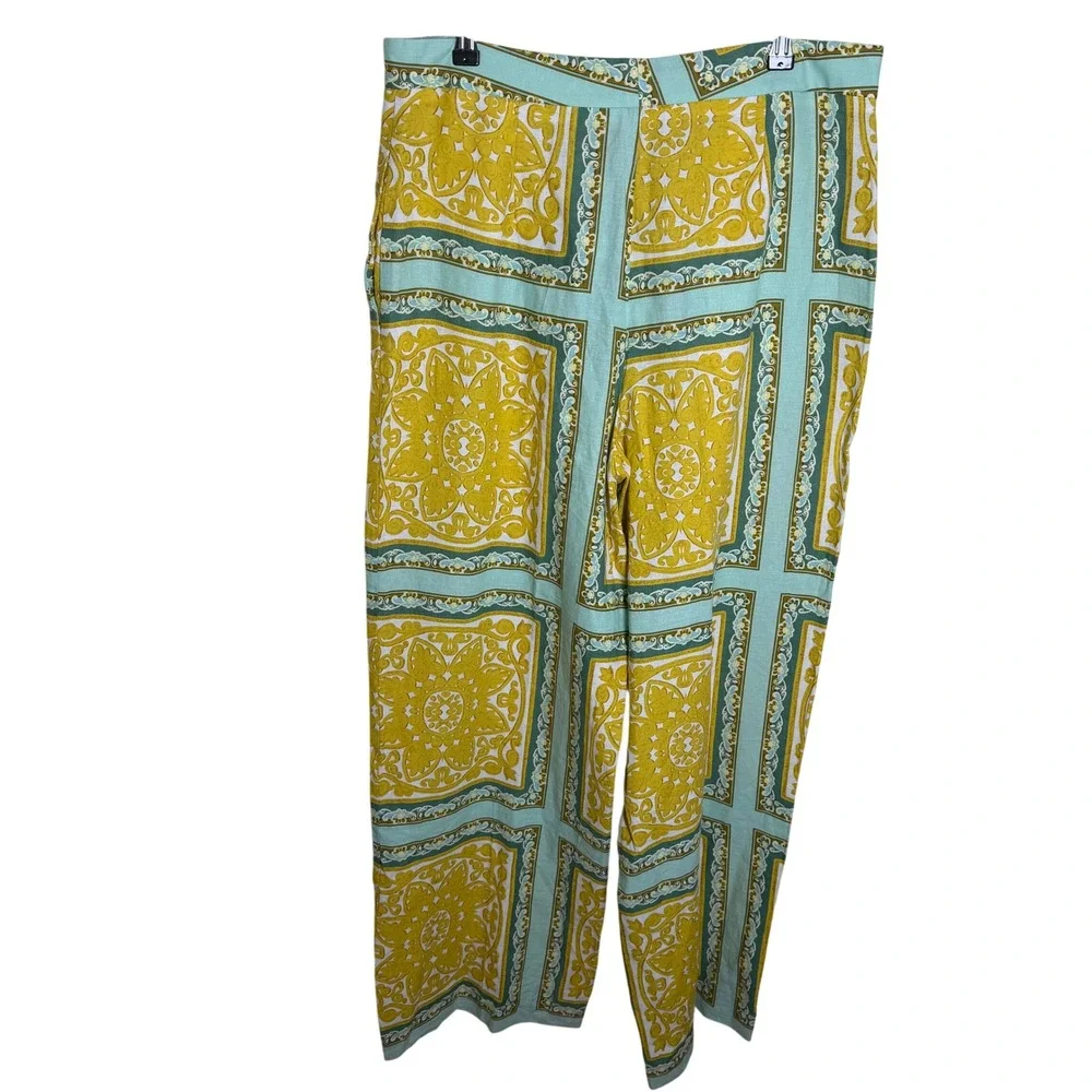 Zara Medallion Tile Print Wide Leg Linen Blend Pants Yellow Teal XL